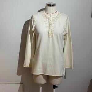 April Cornell Beaded Sweater Cream Jewel Buttons Women's Size L